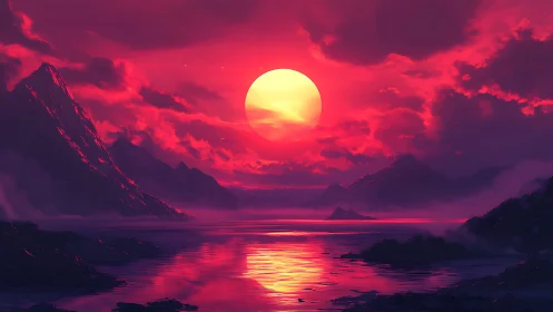 Neon sunset over misty mountains and reflective sea.