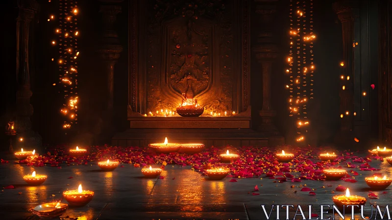 Lamp-lit temple floor blooms with petals and quiet firelight.