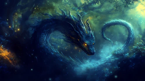 Mystic blue serpent dragon coils through glowing forest scene.