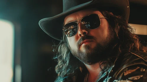 Bearded cowboy in sunglasses under warm cinematic light.