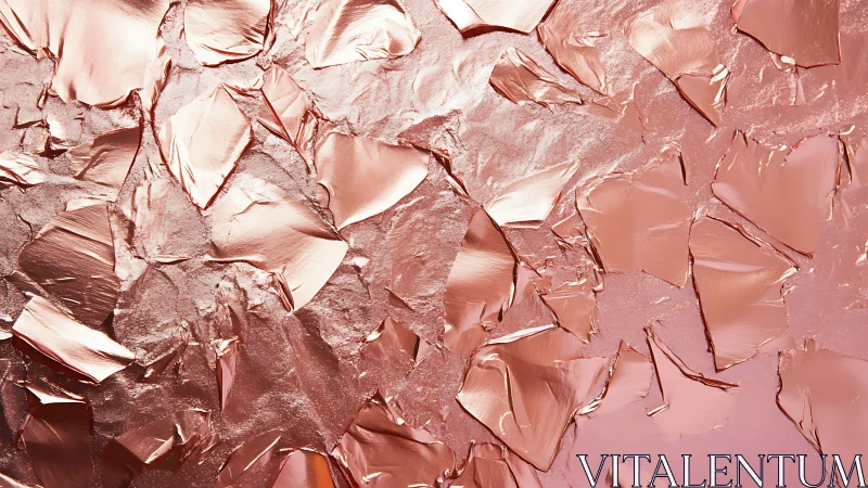 Macro study of crumpled metallic rose gold foil texture surface