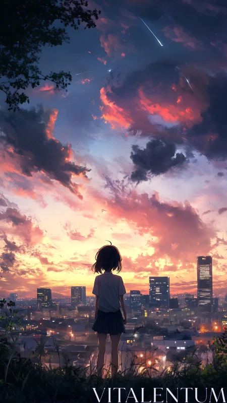 Girl watching glowing city at sunset under meteor sky.