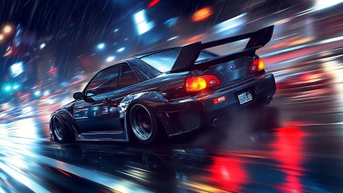 Modified Subaru coupe racing through neon city rainstorm.
