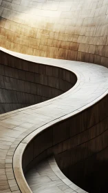 Curved wooden walkway bends through tiled architectural walls