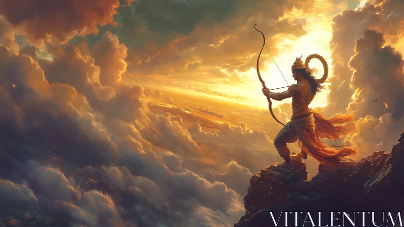 Warrior archer on cliff against dramatic golden sky.