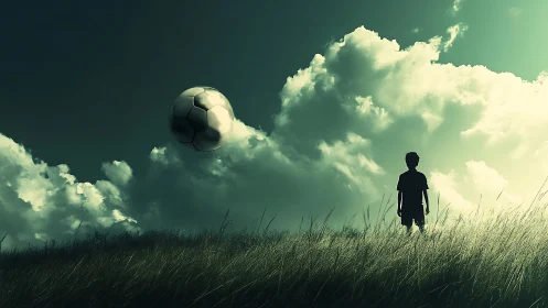 Dreamy soccer moment floats above a grassy sunset hill