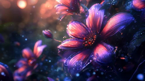 Neon Flowers with Blue Bokeh.