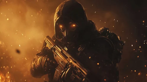 Blazing battlefield warrior moves through sparks and shadows