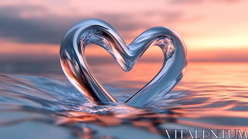Transparent Water Heart Against Sunset Sky.