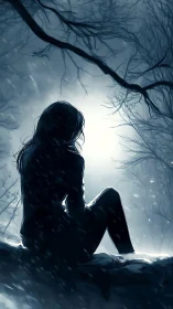 Solitary figure watches snowfall beneath a glowing winter moon.