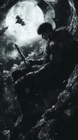 Moonlit lone warrior rests with sword beneath a vast sky