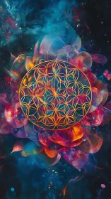 Luminous flower-of-life mandala over cosmic nebula field.