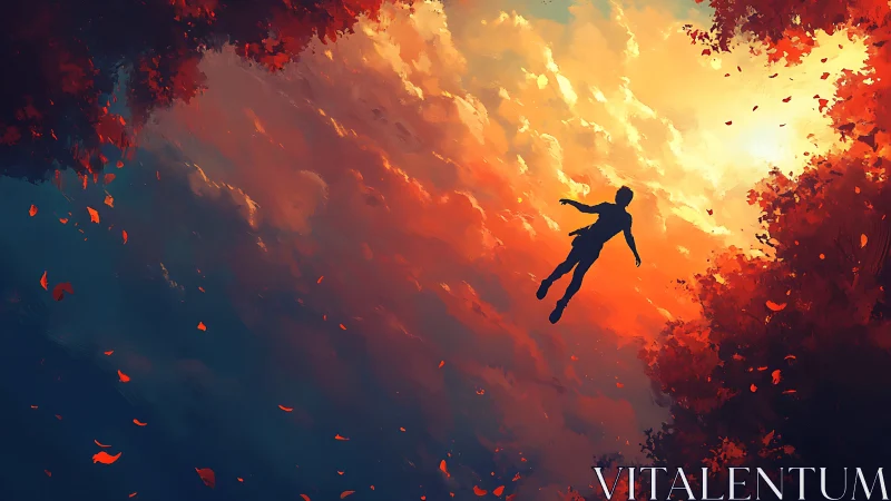 Sky-drifting dreamer slips upward through burning autumn clouds