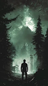 Lone wanderer pauses beneath a storm lit mountain sky