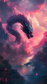Serpentine dragon dominates neon dusk above mystic river valley