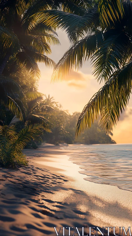 Tropical Beach Sunrise Through Palm Fronds.