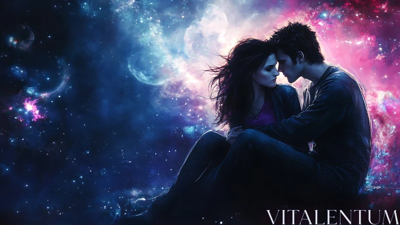 Silhouetted figures against cosmic nebula backdrop.