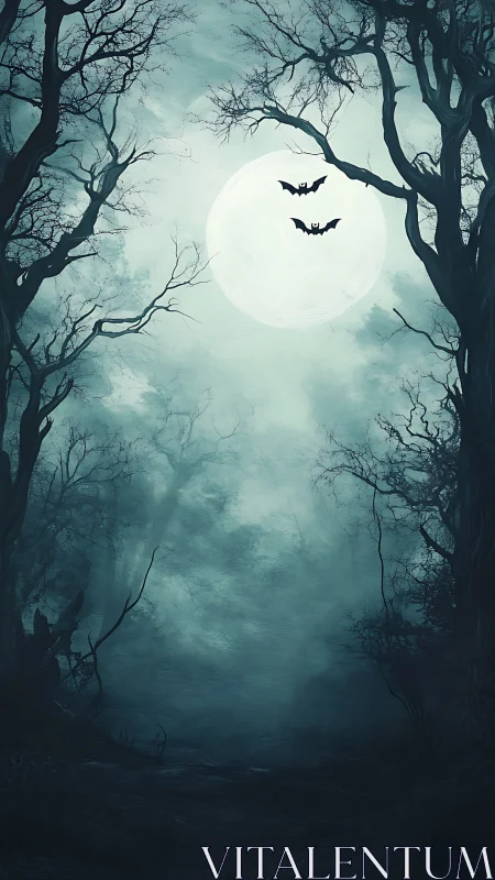 Moonlit bats haunt a mist-drowned, twisted forest corridor.