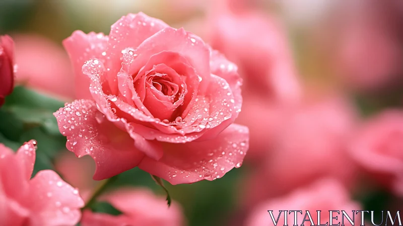 Pink Rose with Raindrops. Soft Focus Garden.