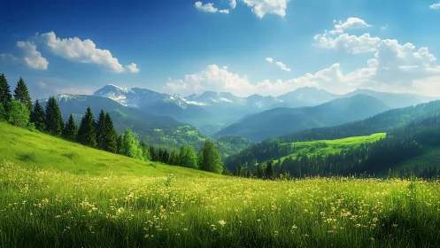 Mountain valley with meadow, forested slopes, and clouds.