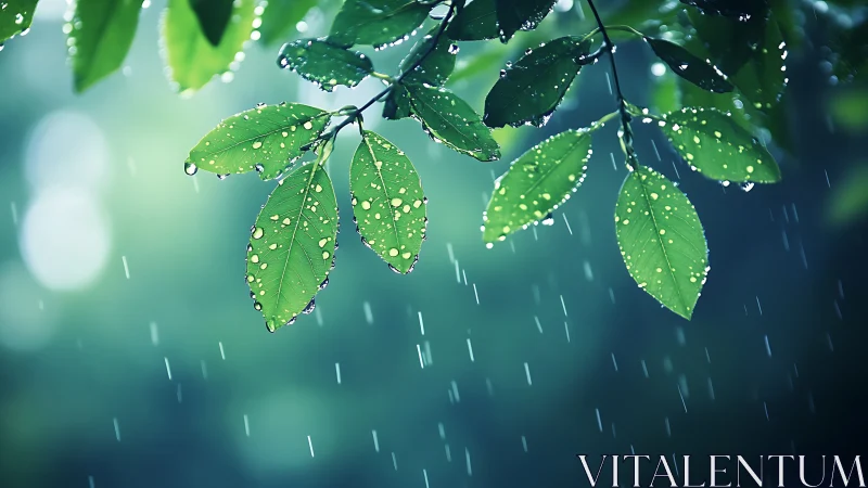 Rain-soaked green leaves with luminous bokeh background.
