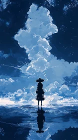 Silhouetted figure observing vertical cloud over reflective water.