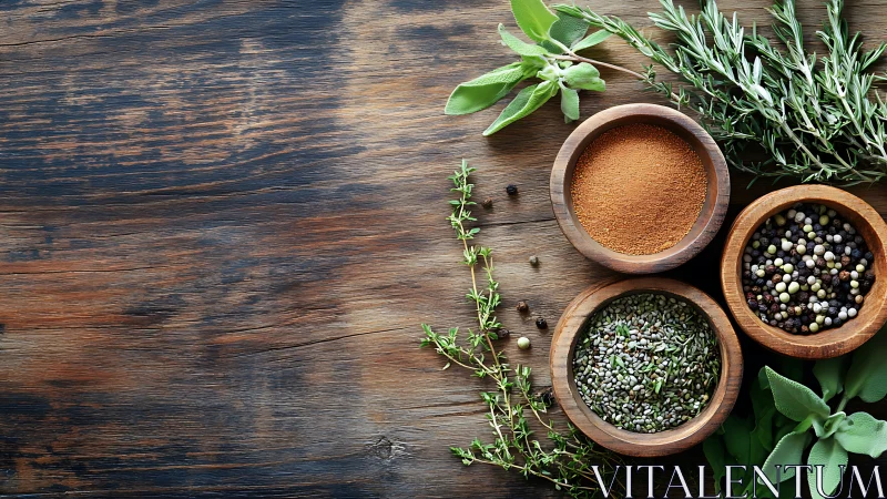 Rustic wooden table displays vibrant herbs and spices bowls.