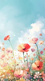 Blooming Wildflowers Under Clear Blue Sky with Floating Petals