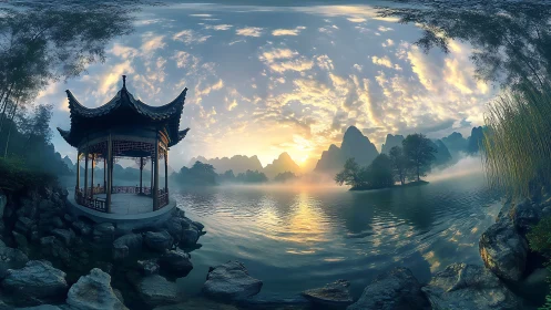 Chinese lakeside pavilion overlooks misty mountains at sunrise