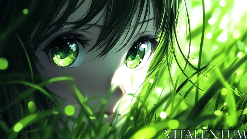 Green eyed anime girl lying in bright glowing grass.