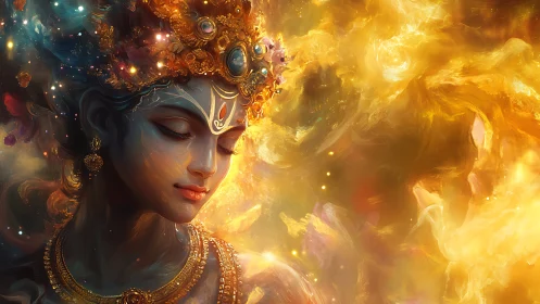 Divine blue-skinned goddess emerges within swirling golden nebula