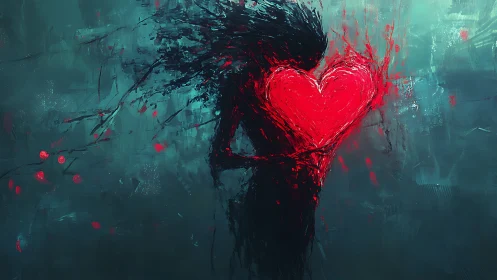 Silhouetted figure radiates luminescent crimson heart in teal atmosphere.