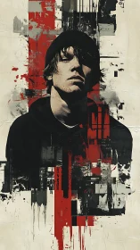 Moody street portrait wrapped in bold red and black strokes.