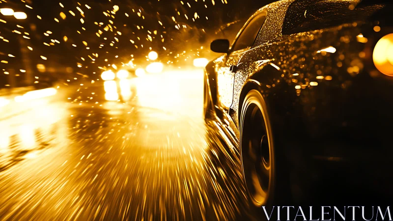 High-speed sports car in cinematic night rain perspective.