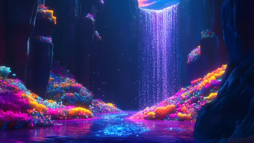 Bioluminescent cavern waterfall with neon flora and volumetric light