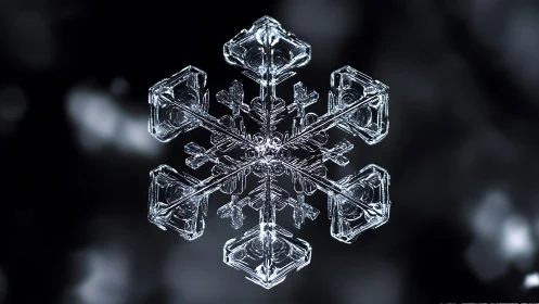 Macro view of a symmetrical hexagonal ice crystal snowflake.