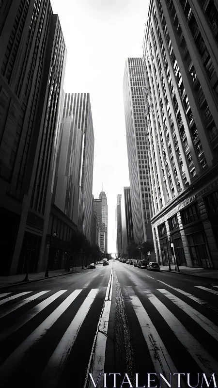 Monochrome urban canyon with empty avenue and high-rises