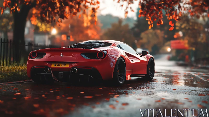 Red sports coupe on wet suburban road in autumn light.