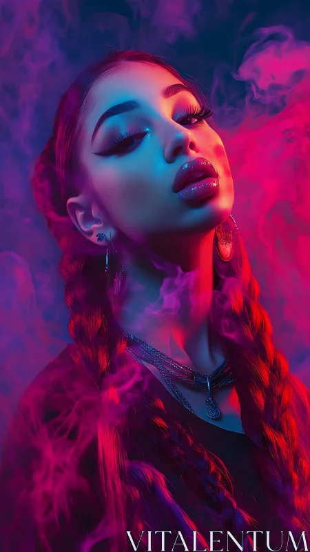 Neon-lit braided woman emerging through swirling vapor.