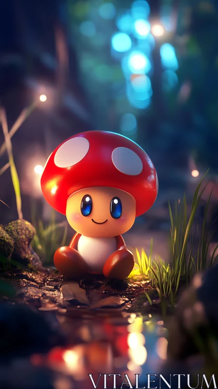 Cheerful mushroom friend resting by a glowing forest pool.