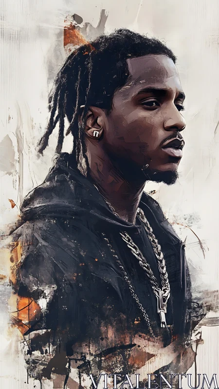 Portrait of man in dark hoodie with abstract textures.