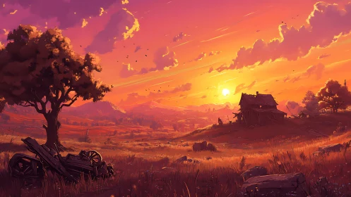 Golden country sunset over a quiet farmhouse and fields.