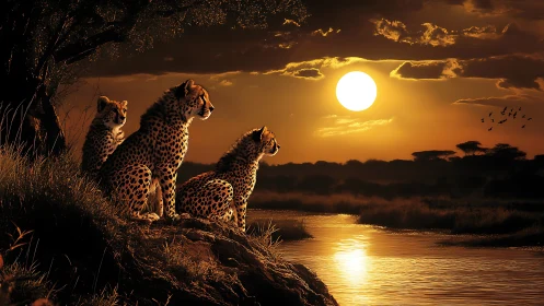 Three Cheetahs Watch Over Their Golden Savanna Home.