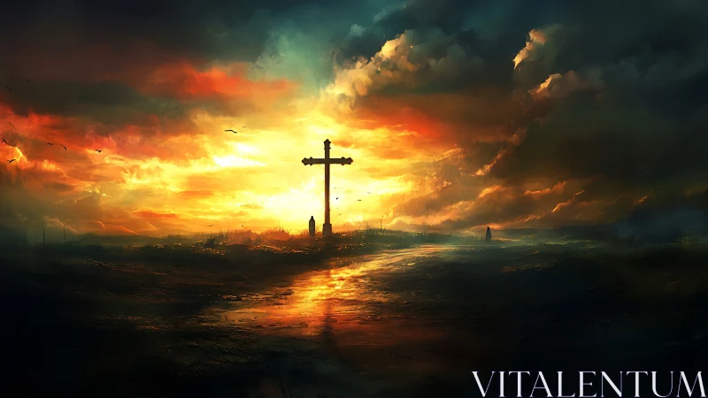 Luminous storm horizon with silhouetted cruciform structure.