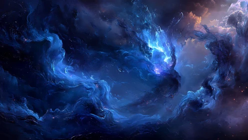 Nebulous blue formations in a dark cosmic environment.