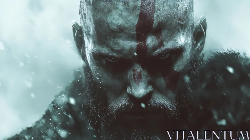 Frosted warrior portrait with scarred skin, war paint, and icy bokeh