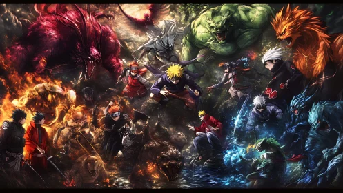 Dynamic anime clash with elemental beasts and glowing chakra.