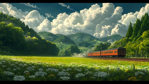 Orange rural train crossing sunlit valley meadow at noon.