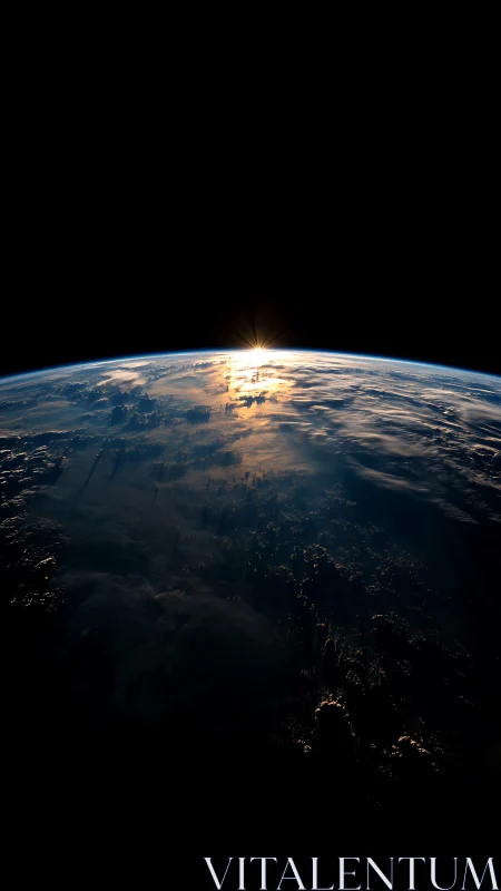 Sunlit Earth horizon from space with low cloud formations visible.