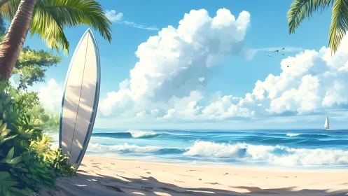 Tropical surf beach with lone board and rolling waves.